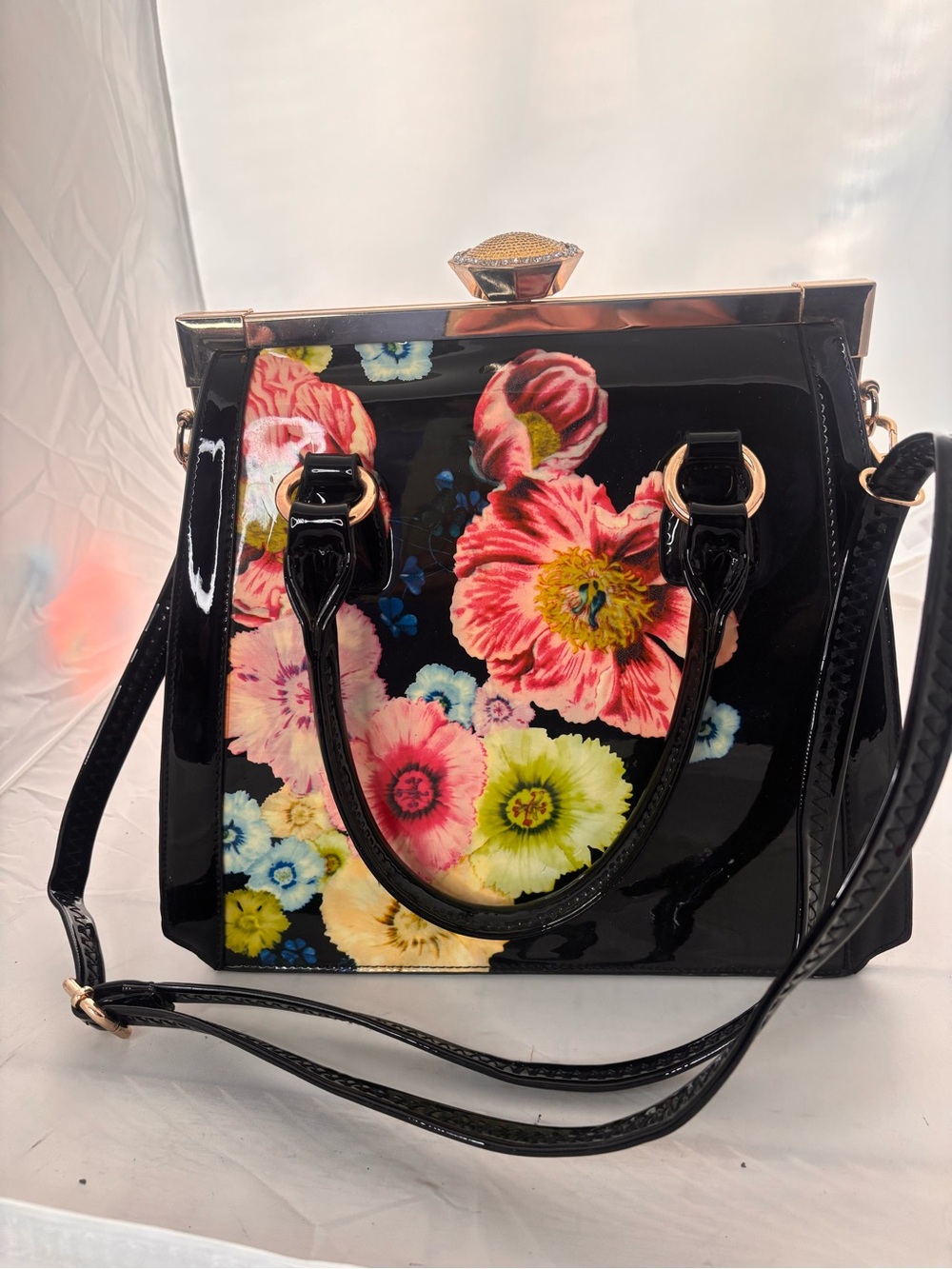 D’orcoa vegan Patent Floral Tote with Gold Accent Charm - Picture 2 of 15